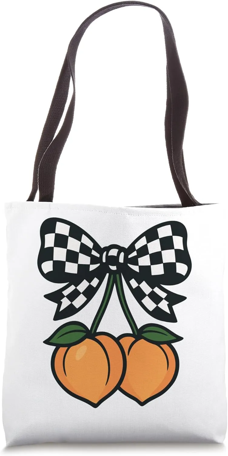 Coquette Peach Aesthetic Checkered Bow Y2K Summer Fruit Tote Bag