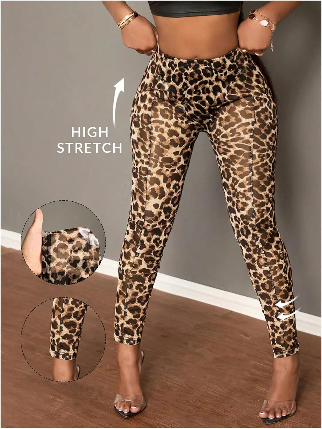 COZYEASE Women's Y2K Leopard Sheer Mesh Leggings Mid Waist See Through Skinny Pants Casual Trouser