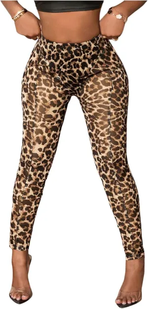 COZYEASE Women's Y2K Leopard Sheer Mesh Leggings Mid Waist See Through Skinny Pants Casual Trouser