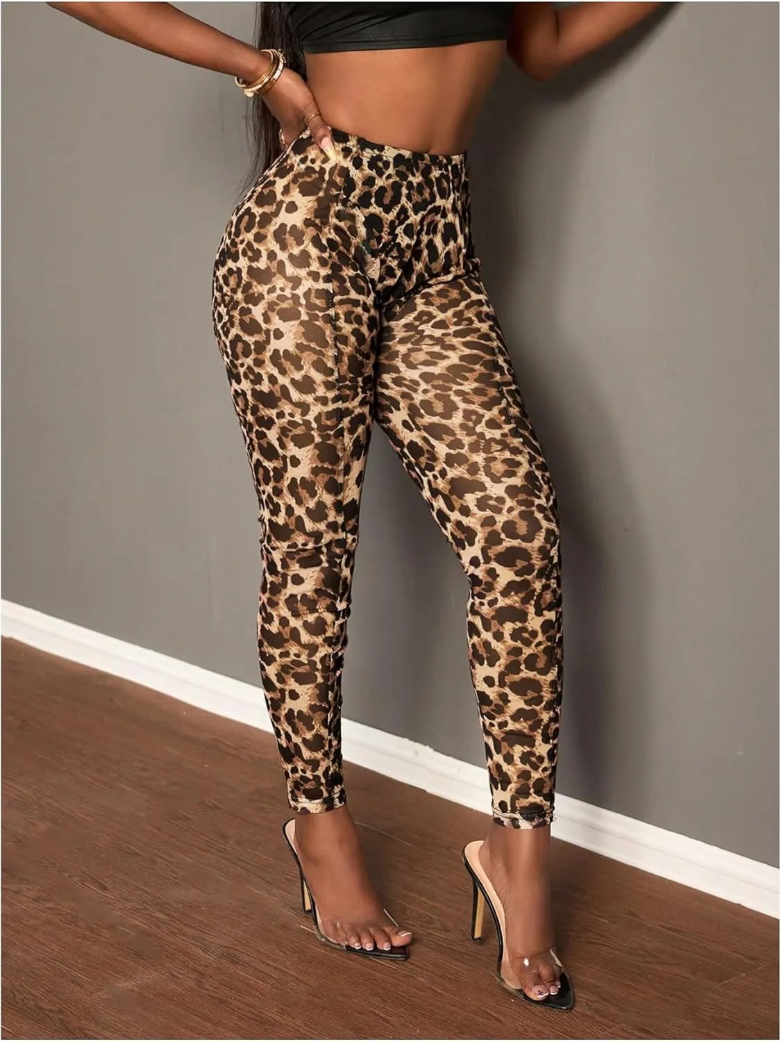 COZYEASE Women's Y2K Leopard Sheer Mesh Leggings Mid Waist See Through Skinny Pants Casual Trouser