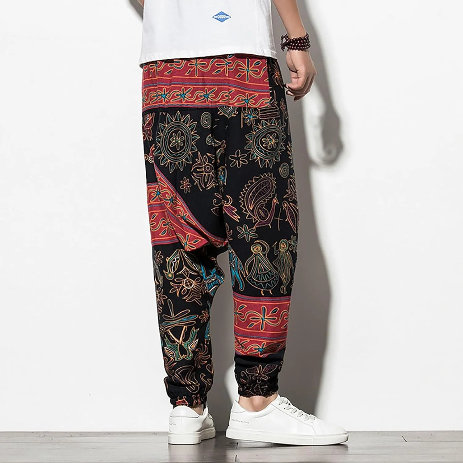 CRNTCEM Mens Printed Harem Pants Baggy Drop Crotch Boho Hippie Pants Straigth Leg Cotton Atheltic Yoga Trousers