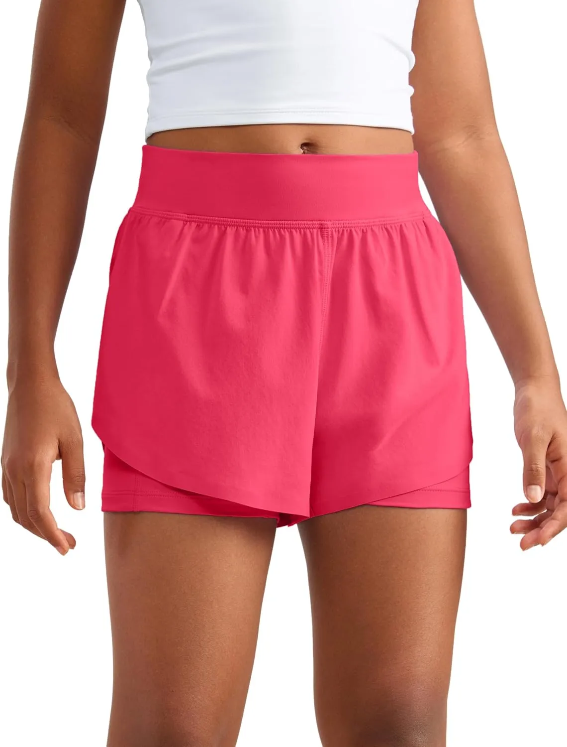 CRZ YOGA Girls 2 in 1 Dolphin Athletic Running Shorts with Pockets High Waist Teen Kid Workout Casual Tennis Soccer Split