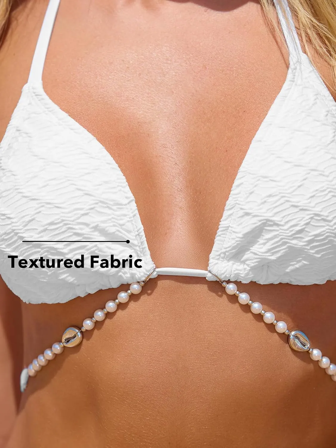 CUPSHE Women's Bikini Sets Halter Neck Two Pieces Textured Bathing Suit Adjustable Pearl Chain Straps Side Drawstring
