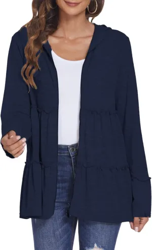 DEESHA 2024 Full Zip Up Hoodie for Women Pleated Tiered Ruffle Hooded Sweatshirts Jacket Coat Long Sleeve(Navy Blue, X-Large)