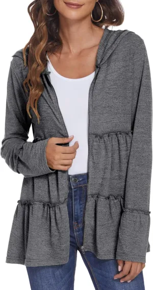 DEESHA Full Zip Up Hoodie for Women Pleated Tiered Ruffle Hooded Sweatshirts Jacket Coat Long Sleeve