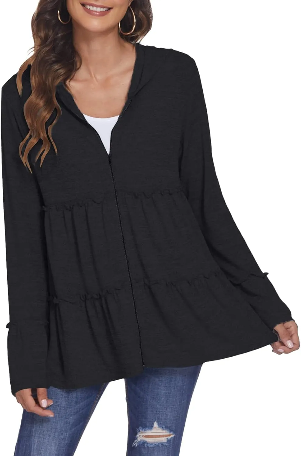 DEESHA Full Zip Up Hoodie for Women Pleated Tiered Ruffle Hooded Sweatshirts Jacket Coat Long Sleeve
