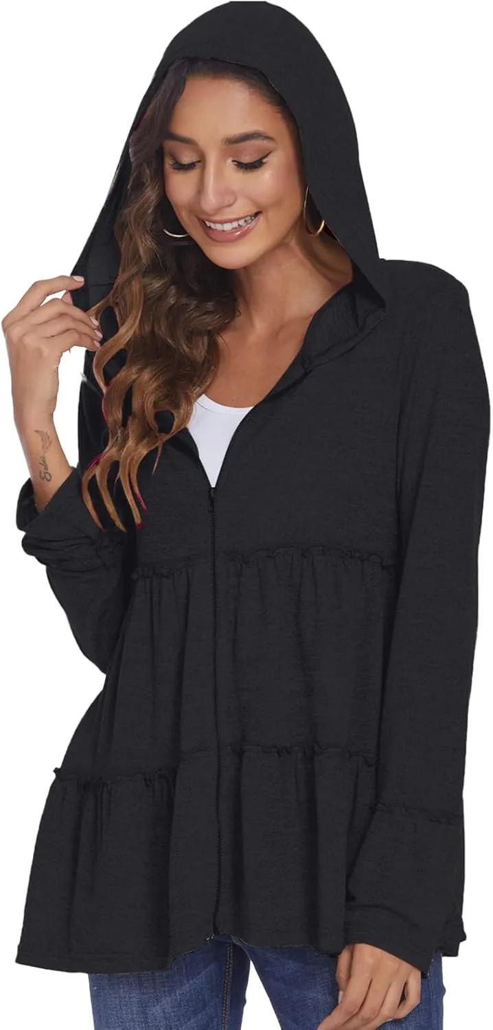 DEESHA Full Zip Up Hoodie for Women Pleated Tiered Ruffle Hooded Sweatshirts Jacket Coat Long Sleeve