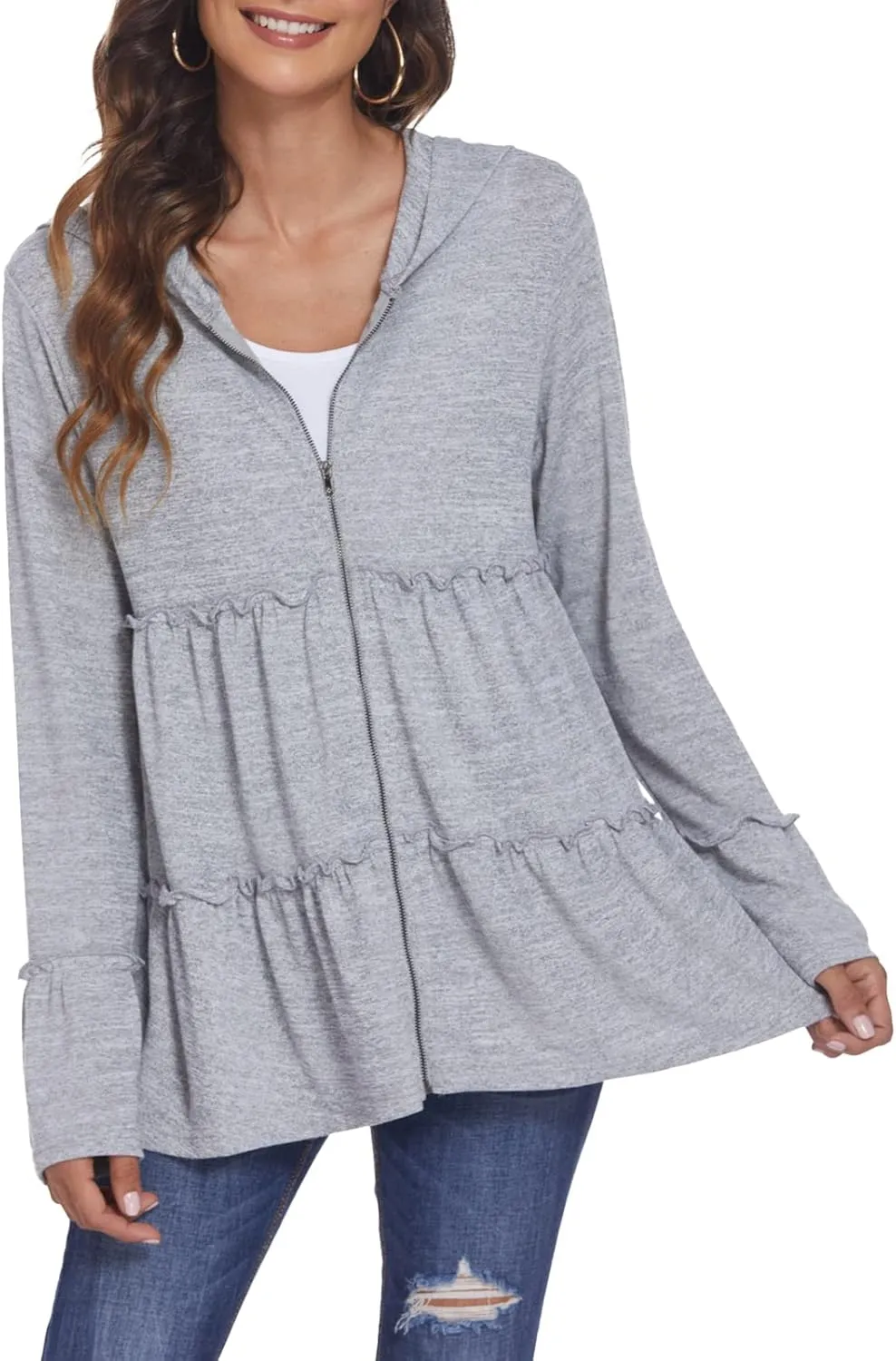 DEESHA Full Zip Up Hoodie for Women Pleated Tiered Ruffle Hooded Sweatshirts Jacket Coat Long Sleeve