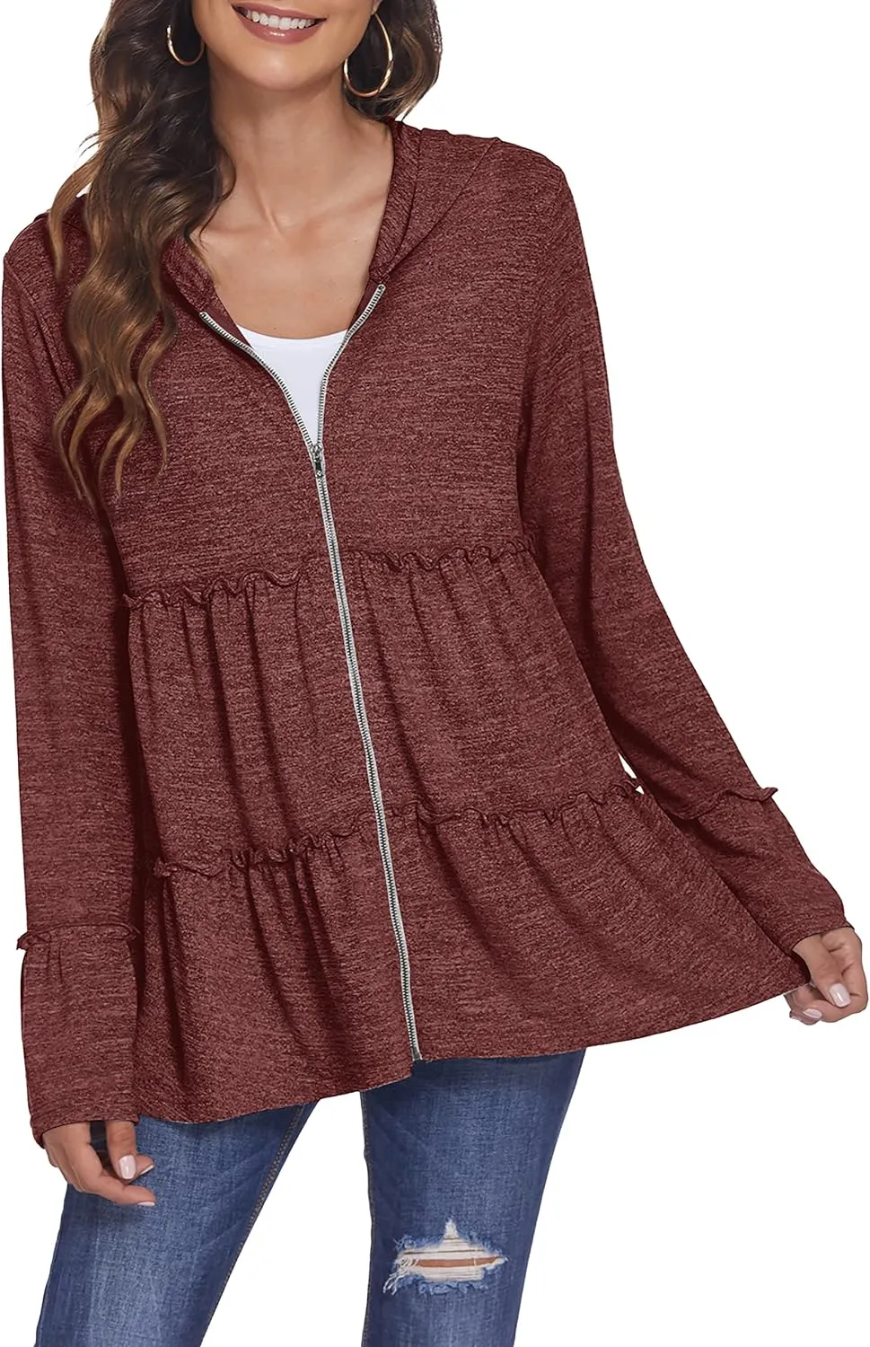 DEESHA Full Zip Up Hoodie for Women Pleated Tiered Ruffle Hooded Sweatshirts Jacket Coat Long Sleeve