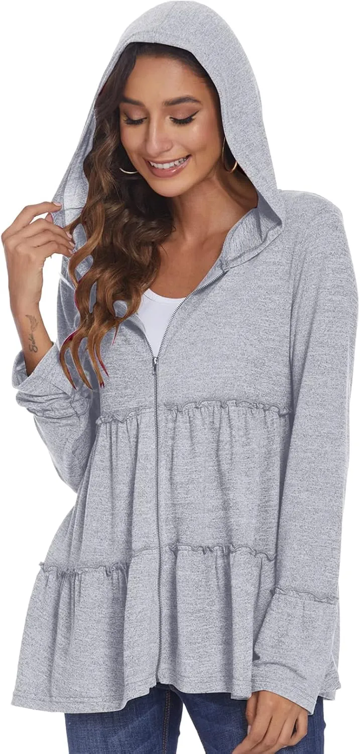 DEESHA Full Zip Up Hoodie for Women Pleated Tiered Ruffle Hooded Sweatshirts Jacket Coat Long Sleeve