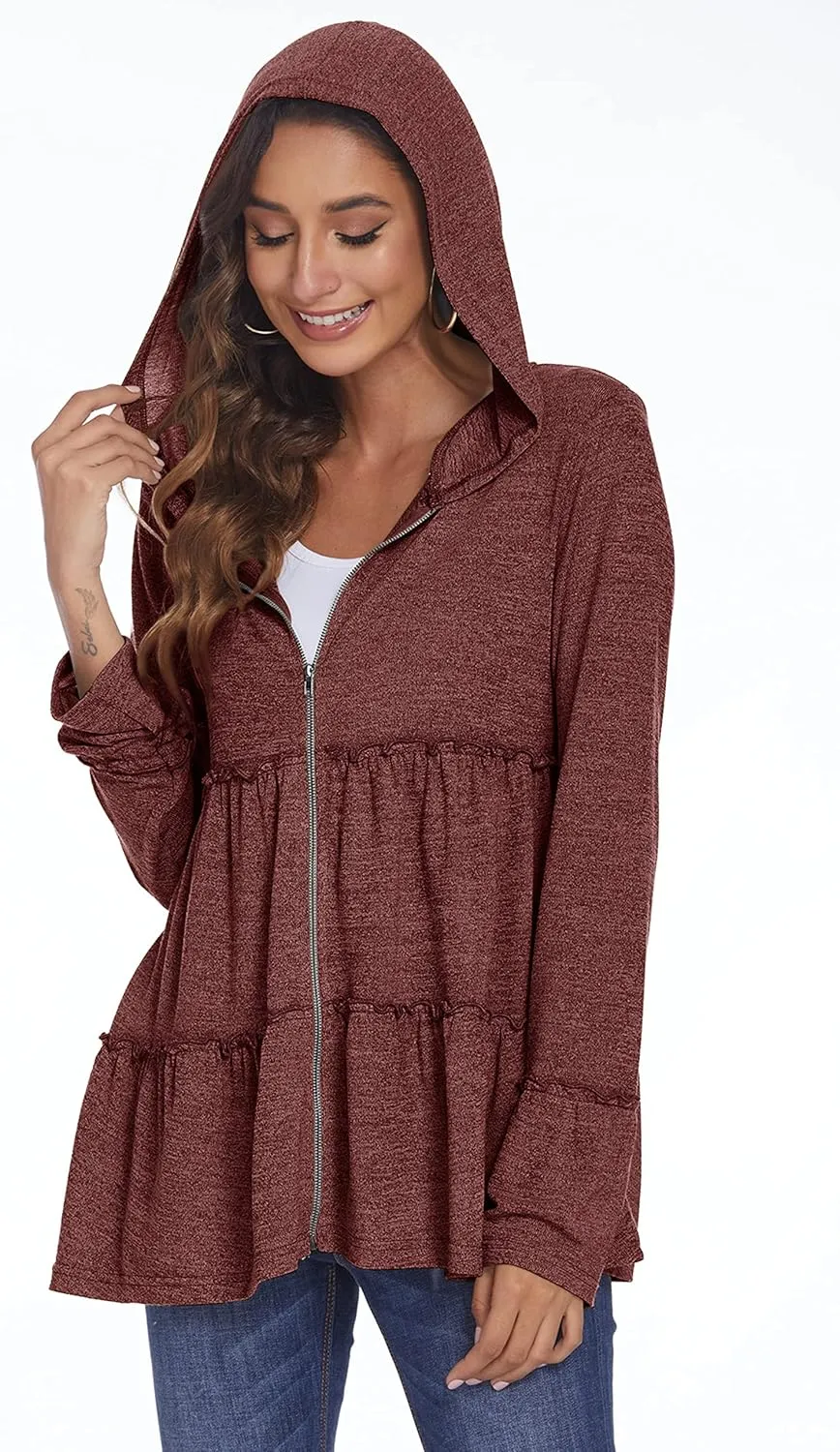 DEESHA Full Zip Up Hoodie for Women Pleated Tiered Ruffle Hooded Sweatshirts Jacket Coat Long Sleeve