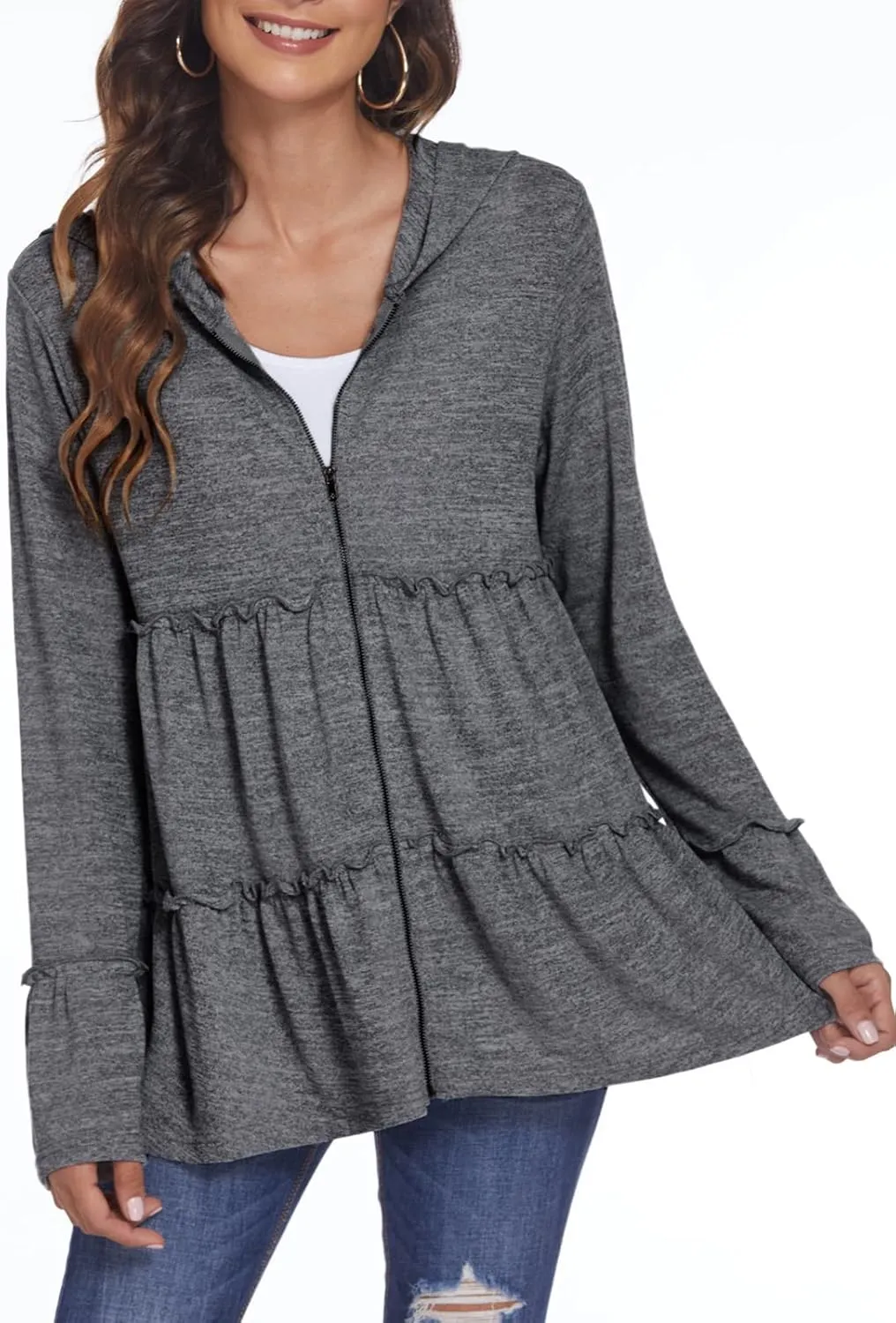 DEESHA Full Zip Up Hoodie for Women Pleated Tiered Ruffle Hooded Sweatshirts Jacket Coat Long Sleeve