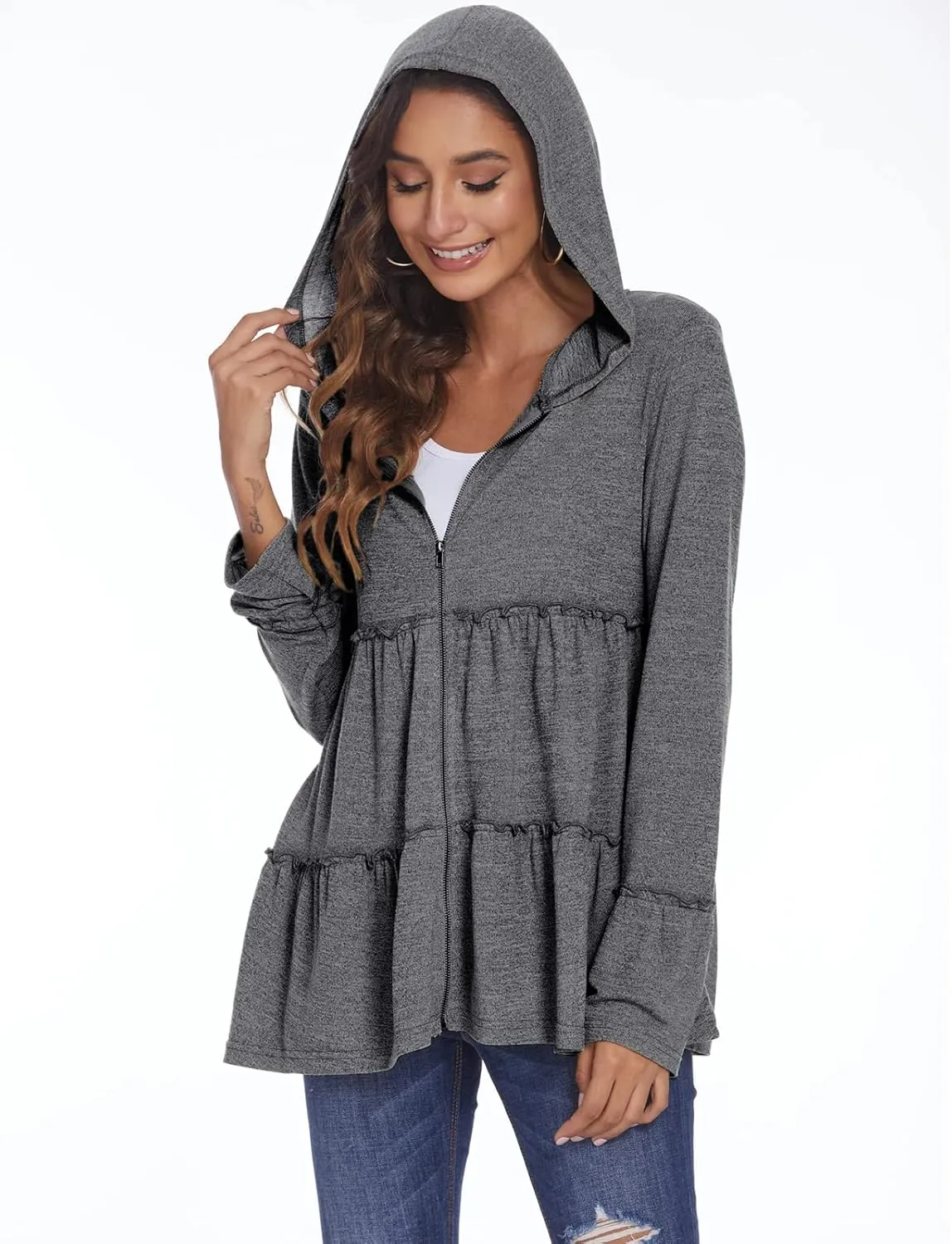 DEESHA Full Zip Up Hoodie for Women Pleated Tiered Ruffle Hooded Sweatshirts Jacket Coat Long Sleeve
