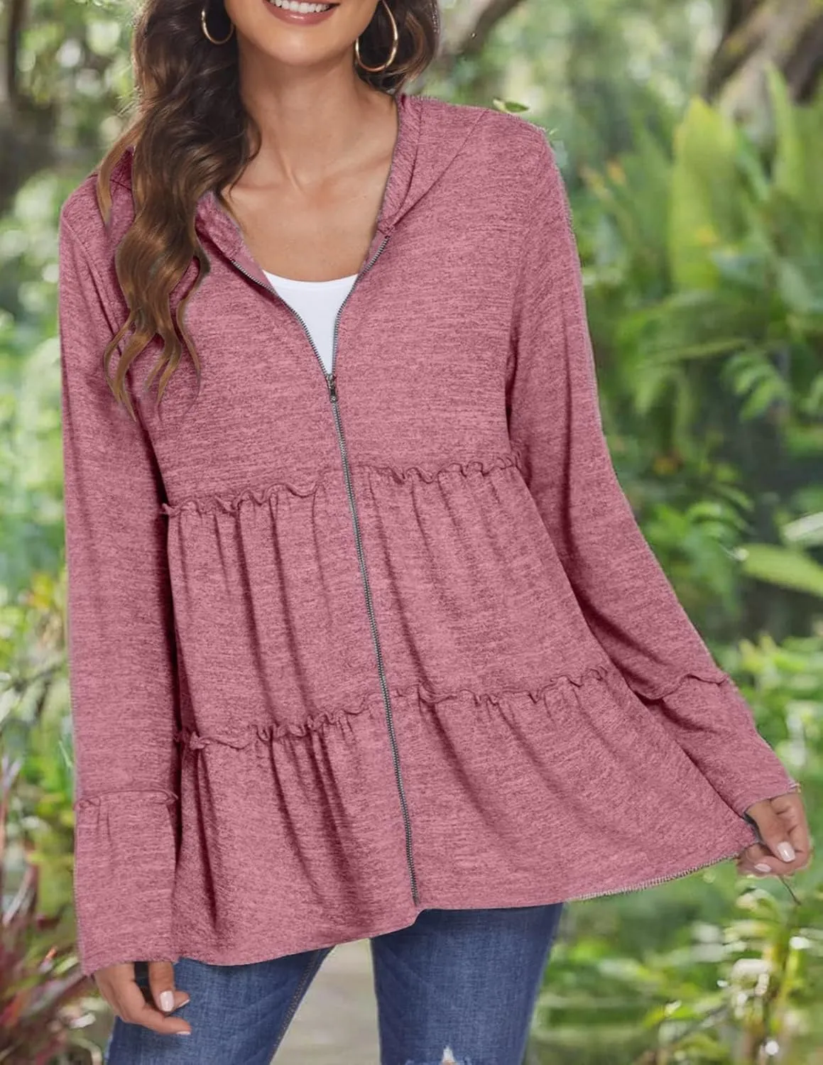 DEESHA Full Zip Up Hoodie for Women Pleated Tiered Ruffle Hooded Sweatshirts Jacket Coat Long Sleeve(Pink, Medium)