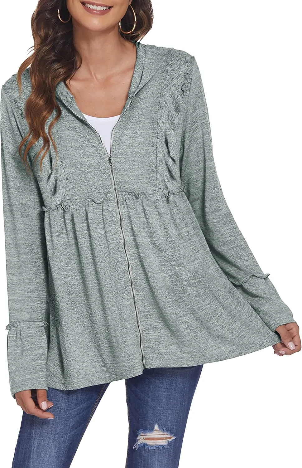 DEESHA Full Zip Up Hoodie for Women Pleated Tiered Ruffle Hooded Sweatshirts Jacket Coat Long Sleeve(Pink, Medium)