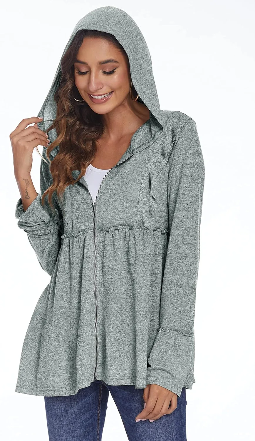 DEESHA Full Zip Up Hoodie for Women Pleated Tiered Ruffle Hooded Sweatshirts Jacket Coat Long Sleeve(Pink, Medium)