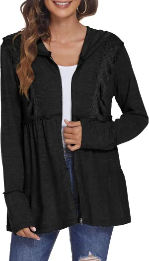 DEESHA Full Zip Up Hoodie for Women Pleated Tiered Ruffle Hooded Sweatshirts Jacket Coat Long Sleeve(Pink, Medium)