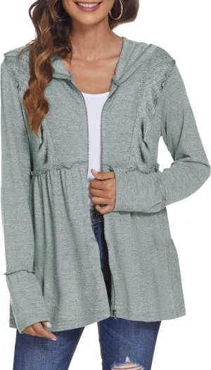 DEESHA Full Zip Up Hoodie for Women Pleated Tiered Ruffle Hooded Sweatshirts Jacket Coat Long Sleeve(Pink, Medium)