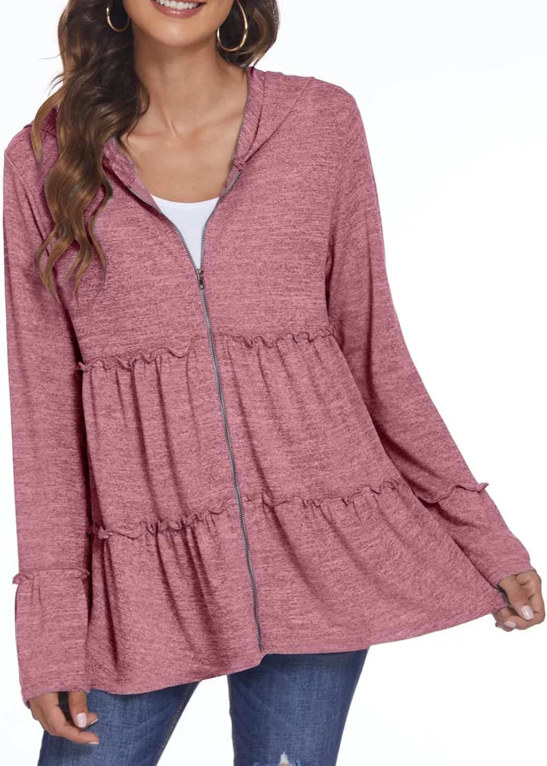 DEESHA Full Zip Up Hoodie for Women Pleated Tiered Ruffle Hooded Sweatshirts Jacket Coat Long Sleeve(Pink, Medium)