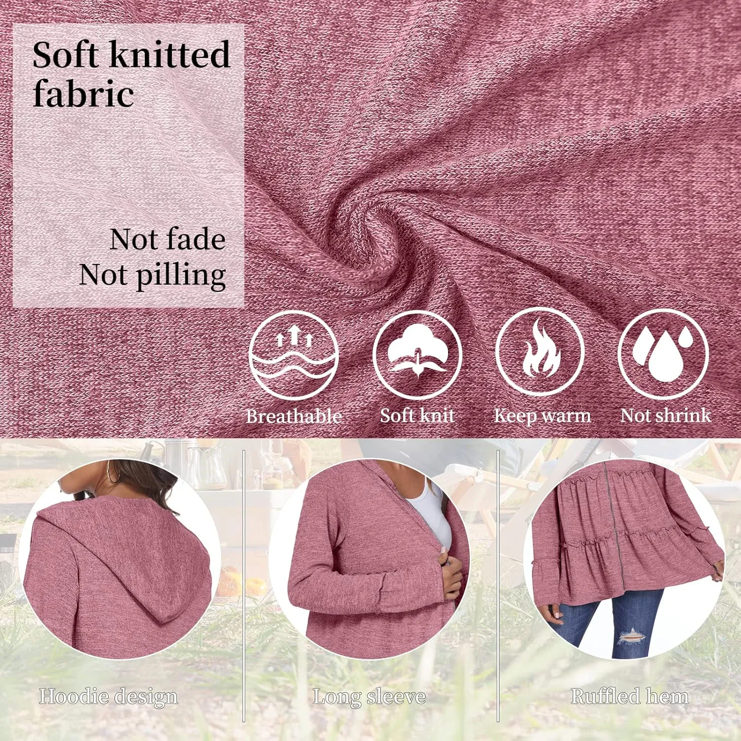 DEESHA Full Zip Up Hoodie for Women Pleated Tiered Ruffle Hooded Sweatshirts Jacket Coat Long Sleeve(Pink, Medium)