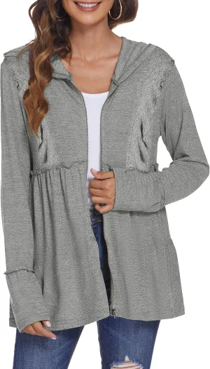 DEESHA Full Zip Up Hoodie for Women Pleated Tiered Ruffle Hooded Sweatshirts Jacket Coat Long Sleeve(Pink, Medium)