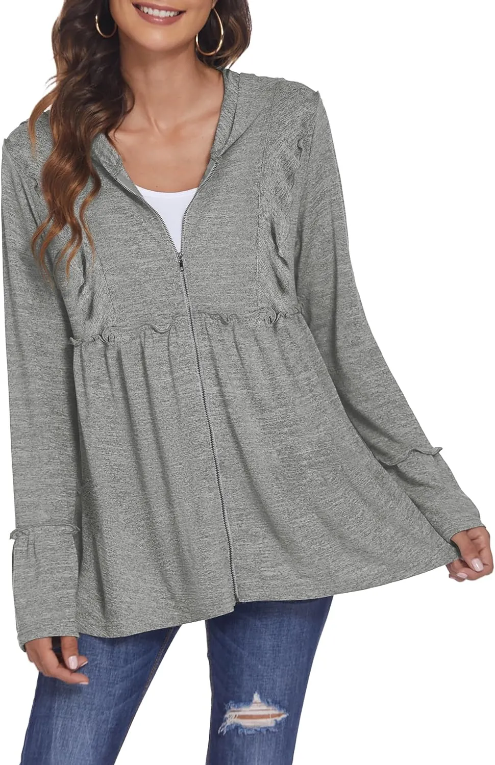 DEESHA Full Zip Up Hoodie for Women Pleated Tiered Ruffle Hooded Sweatshirts Jacket Coat Long Sleeve(Pink, Medium)