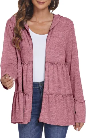 DEESHA Full Zip Up Hoodie for Women Pleated Tiered Ruffle Hooded Sweatshirts Jacket Coat Long Sleeve(Pink, Medium)