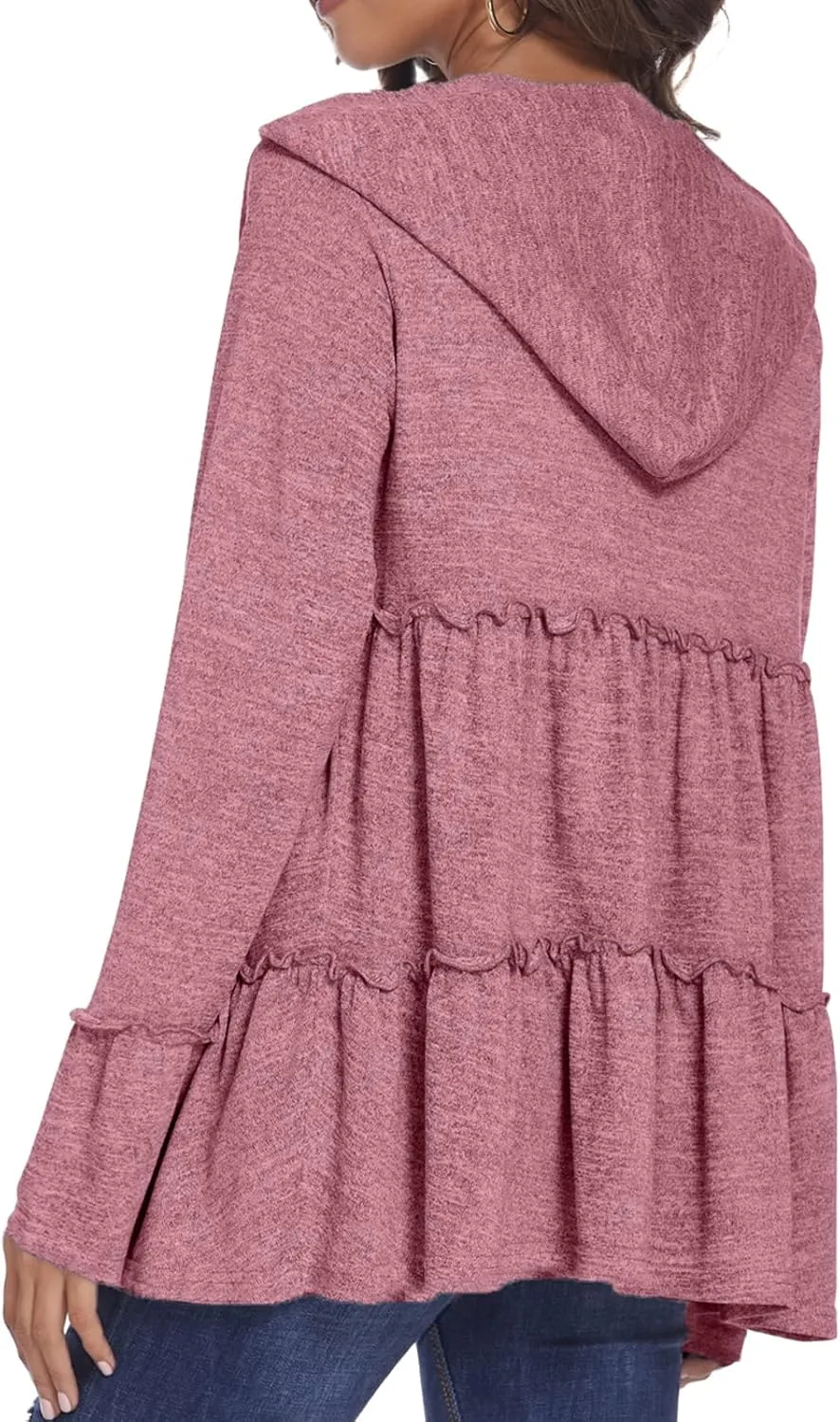 DEESHA Full Zip Up Hoodie for Women Pleated Tiered Ruffle Hooded Sweatshirts Jacket Coat Long Sleeve(Pink, Medium)
