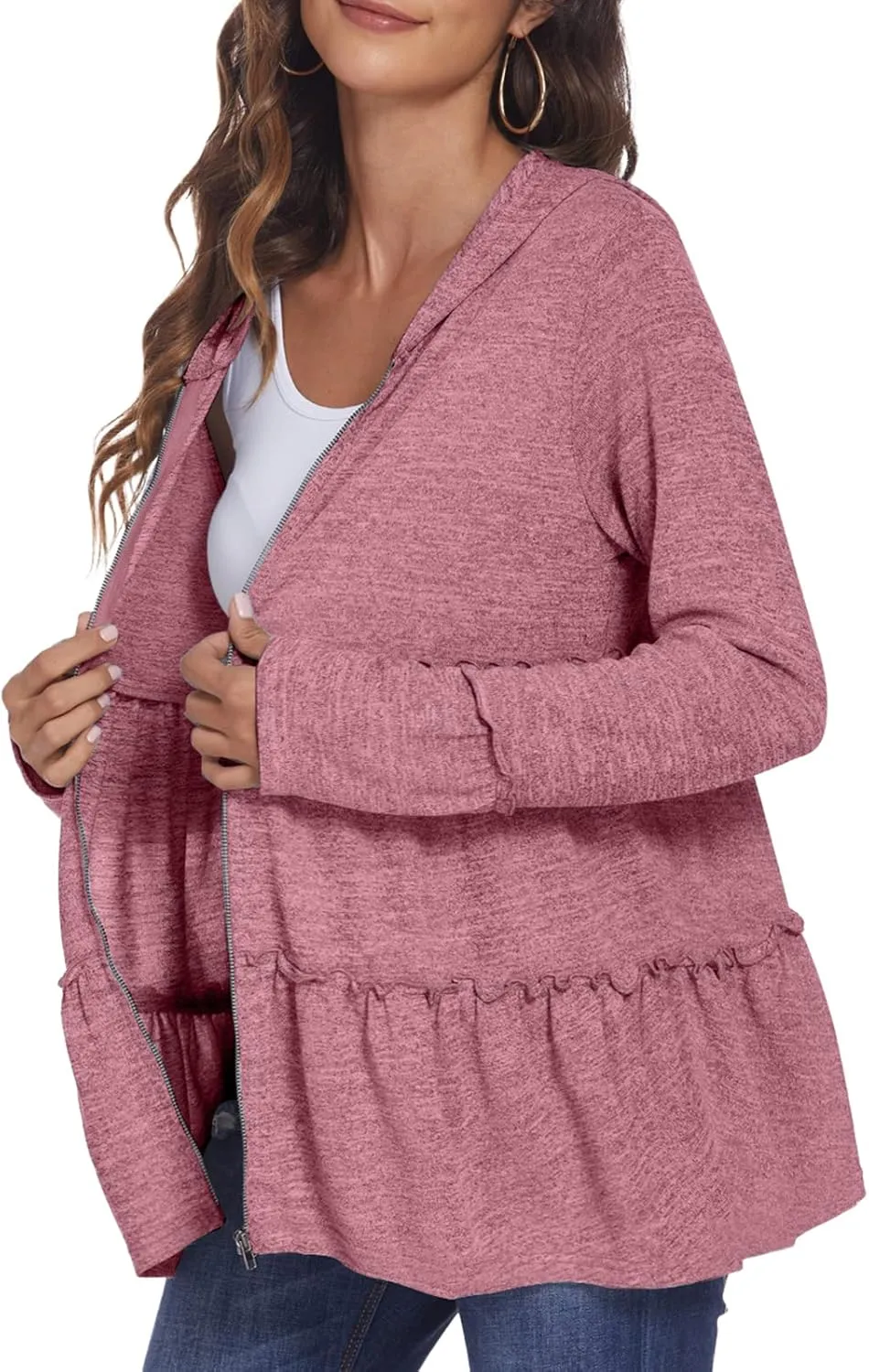 DEESHA Full Zip Up Hoodie for Women Pleated Tiered Ruffle Hooded Sweatshirts Jacket Coat Long Sleeve(Pink, Medium)