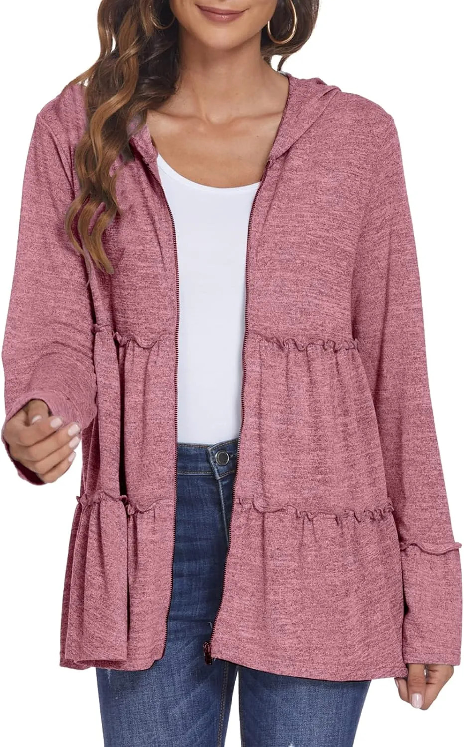 DEESHA Full Zip Up Hoodie for Women Pleated Tiered Ruffle Hooded Sweatshirts Jacket Coat Long Sleeve(Pink, Medium)