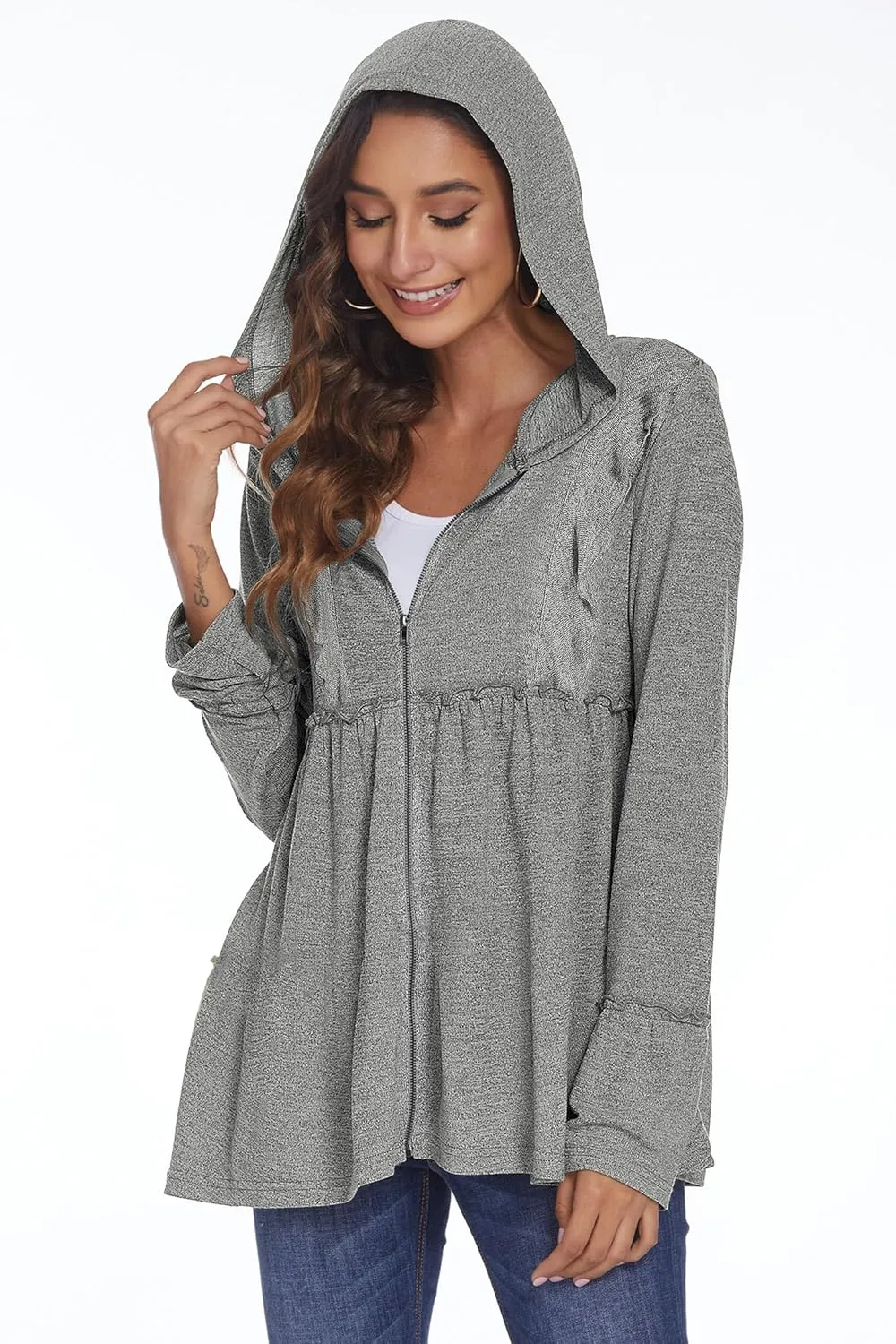 DEESHA Full Zip Up Hoodie for Women Pleated Tiered Ruffle Hooded Sweatshirts Jacket Coat Long Sleeve(Pink, Medium)