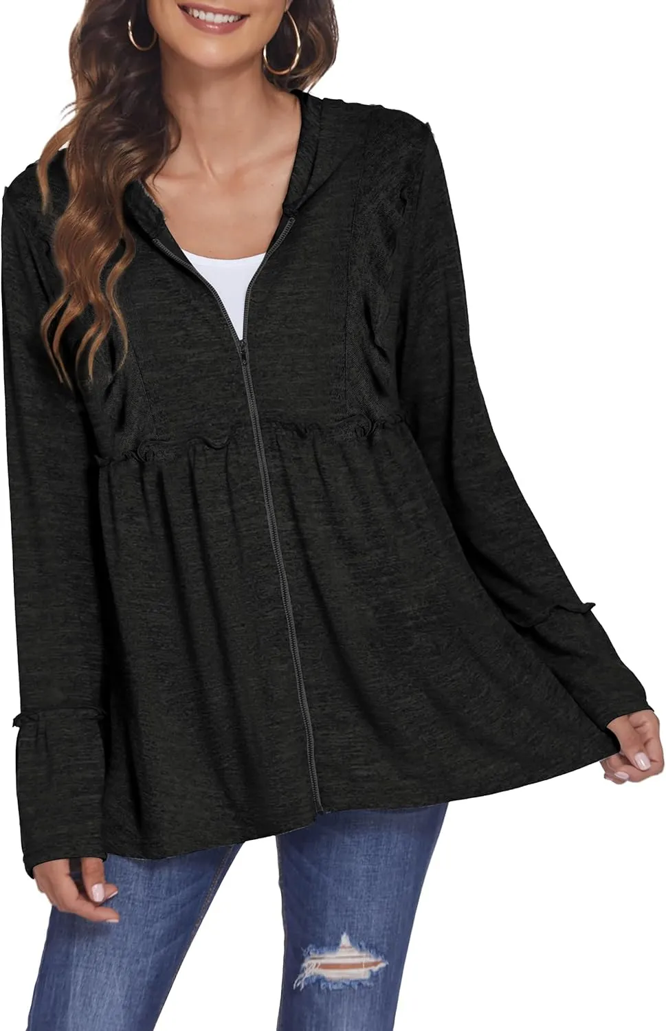DEESHA Full Zip Up Hoodie for Women Pleated Tiered Ruffle Hooded Sweatshirts Jacket Coat Long Sleeve(Pink, Medium)
