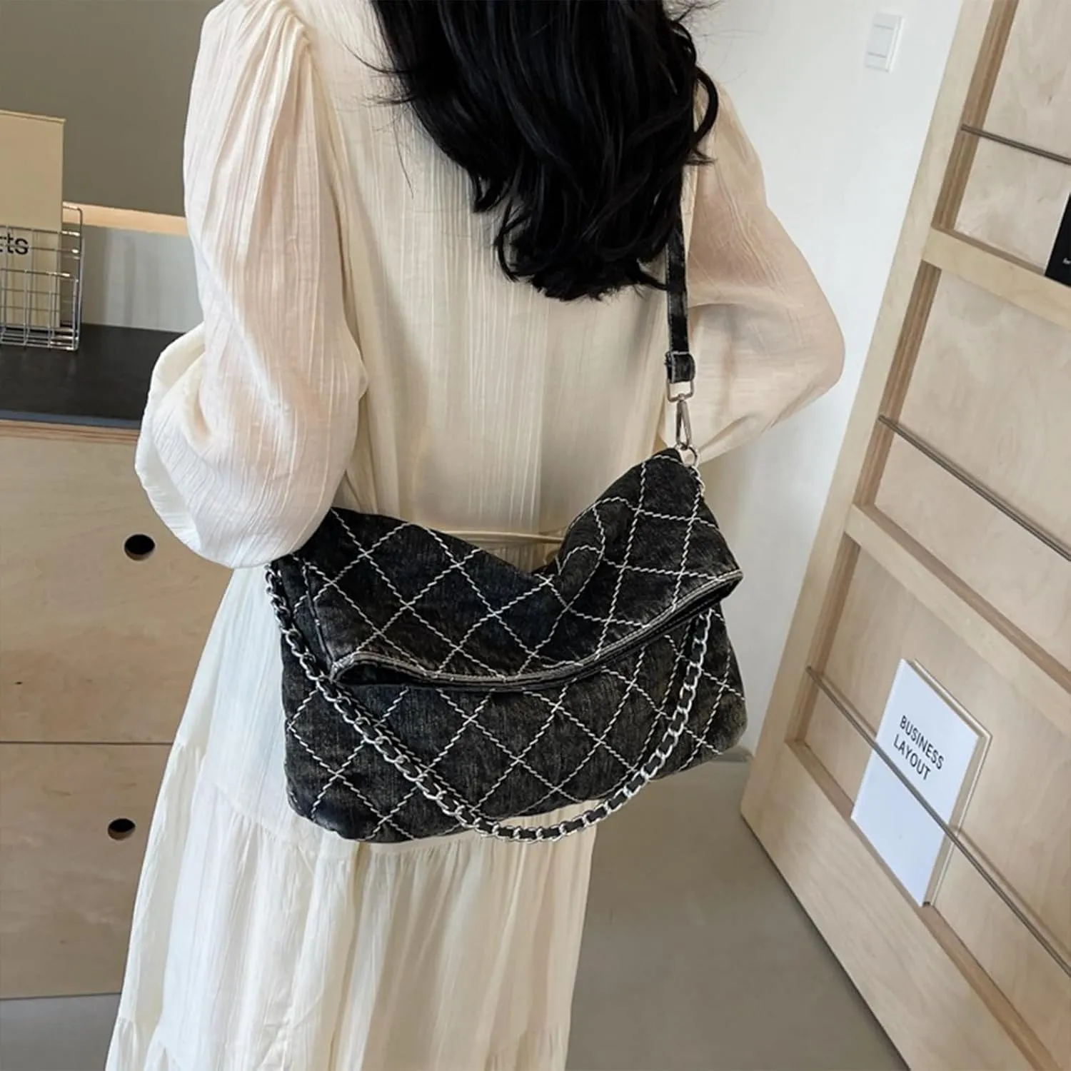 Denim Purse Women Chain Boho Jean Tote Bag Shoulder Quilted Bag Vintage Handbag Casual Crossbody Purse