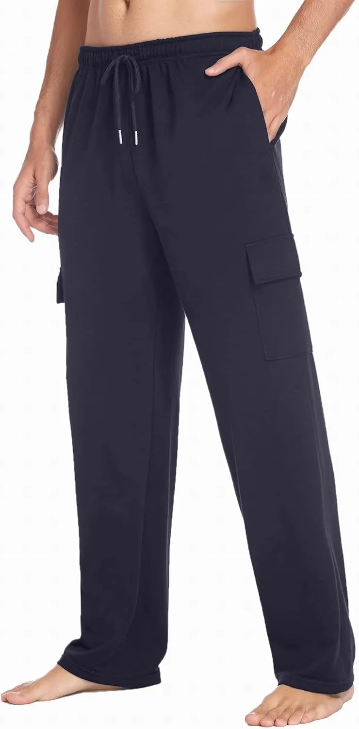 Deyeek Men's Cargo Sweatpants Open Bottom Baggy Sweat Pants for Mens Straight Leg Gym Cargo Sweats Lounge Pants with Pockets