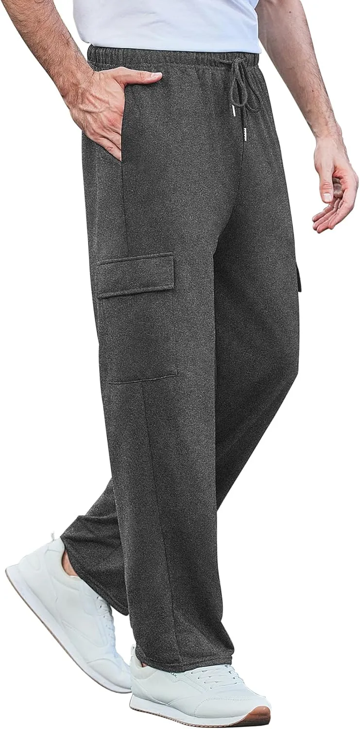 Deyeek Men's Cargo Sweatpants Open Bottom Baggy Sweat Pants for Mens Straight Leg Gym Cargo Sweats Lounge Pants with Pockets