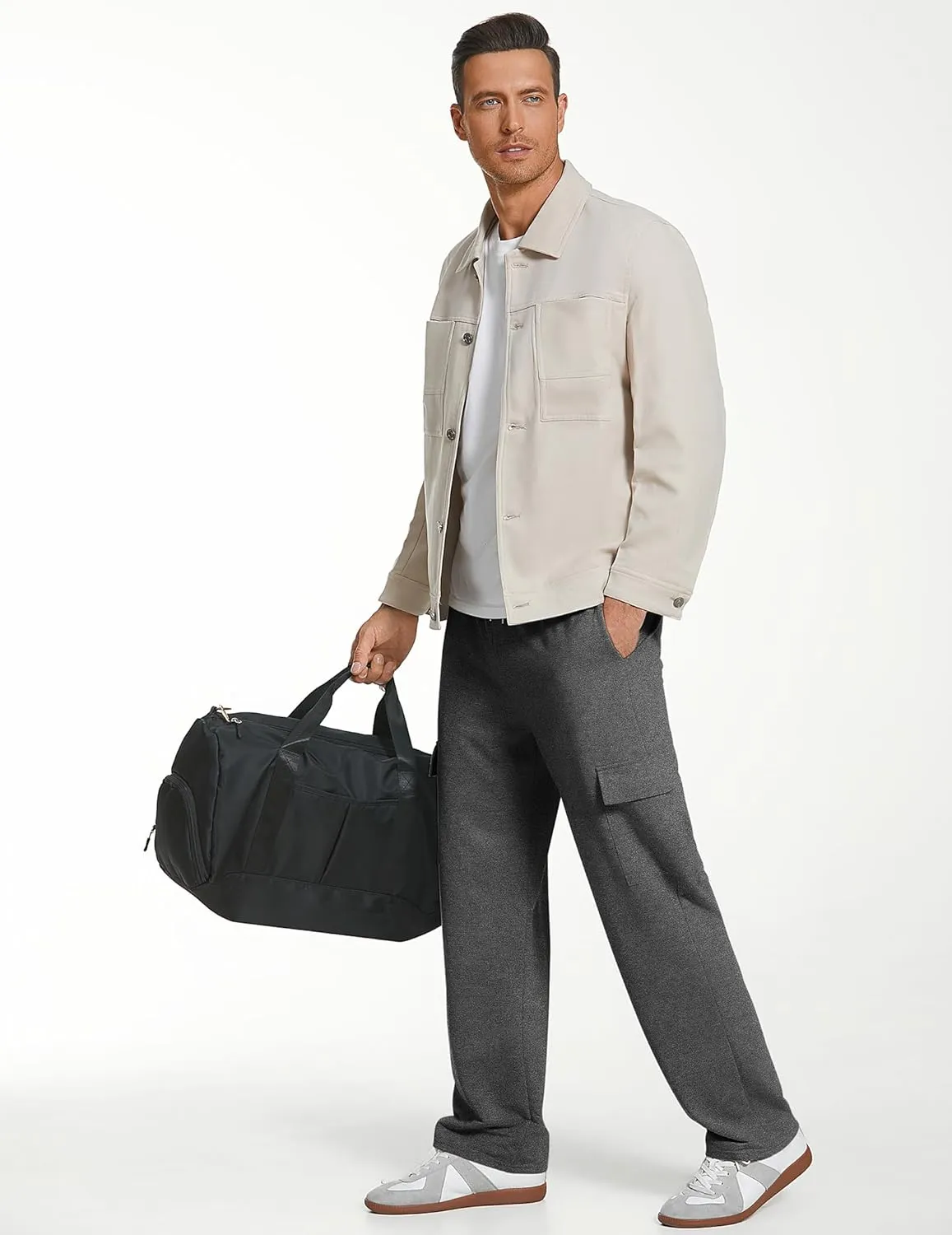Deyeek Men's Cargo Sweatpants Open Bottom Baggy Sweat Pants for Mens Straight Leg Gym Cargo Sweats Lounge Pants with Pockets