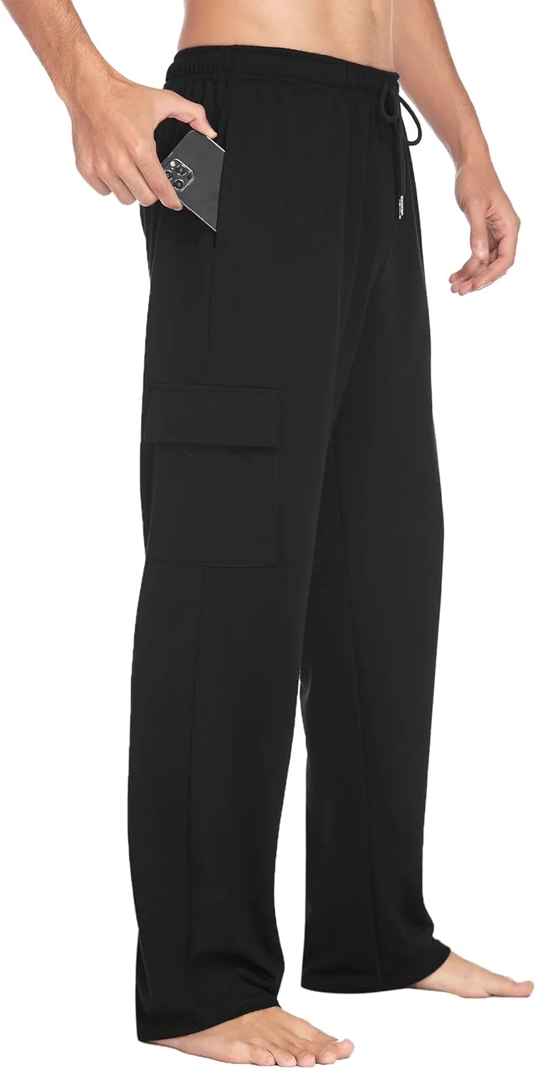 Deyeek Men's Cargo Sweatpants Open Bottom Baggy Sweat Pants for Mens Straight Leg Gym Cargo Sweats Lounge Pants with Pockets