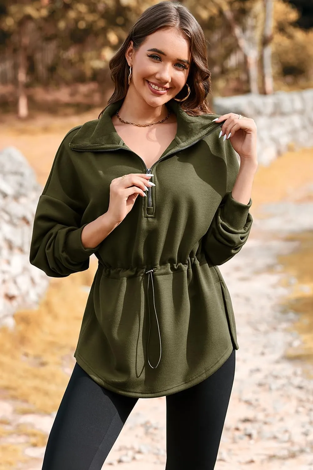 Dokotoo Womens Oversized Sweatshirts Half Zip Drawstring Waist Long Sleeve Side Slits Casual Pullover Sweatshirt Tops