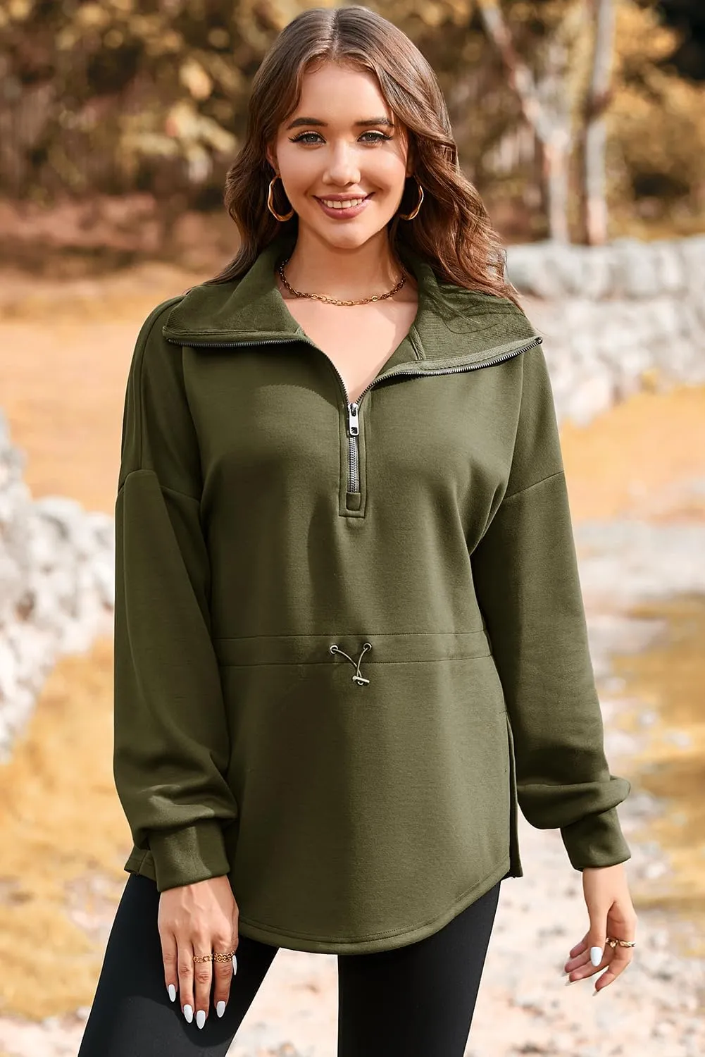Dokotoo Womens Oversized Sweatshirts Half Zip Drawstring Waist Long Sleeve Side Slits Casual Pullover Sweatshirt Tops