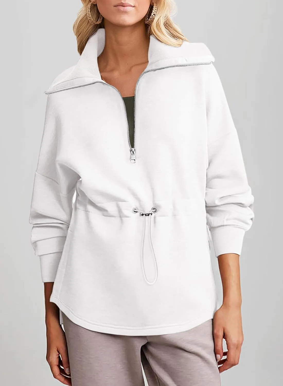 Dokotoo Womens Oversized Sweatshirts Half Zip Drawstring Waist Long Sleeve Side Slits Casual Pullover Sweatshirt Tops
