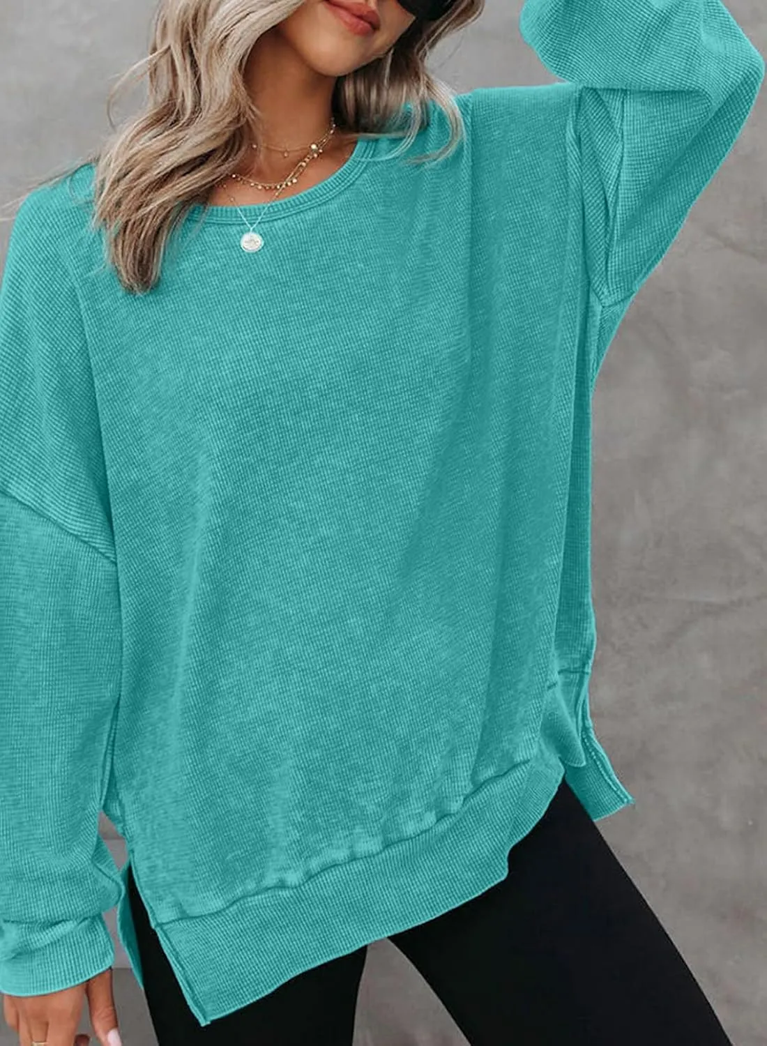 Dokotoo Womens Oversized Waffle Knit Crewneck Sweatshirts Long Sleeve Side Slits Casual Pullover Sweatshirt Tops