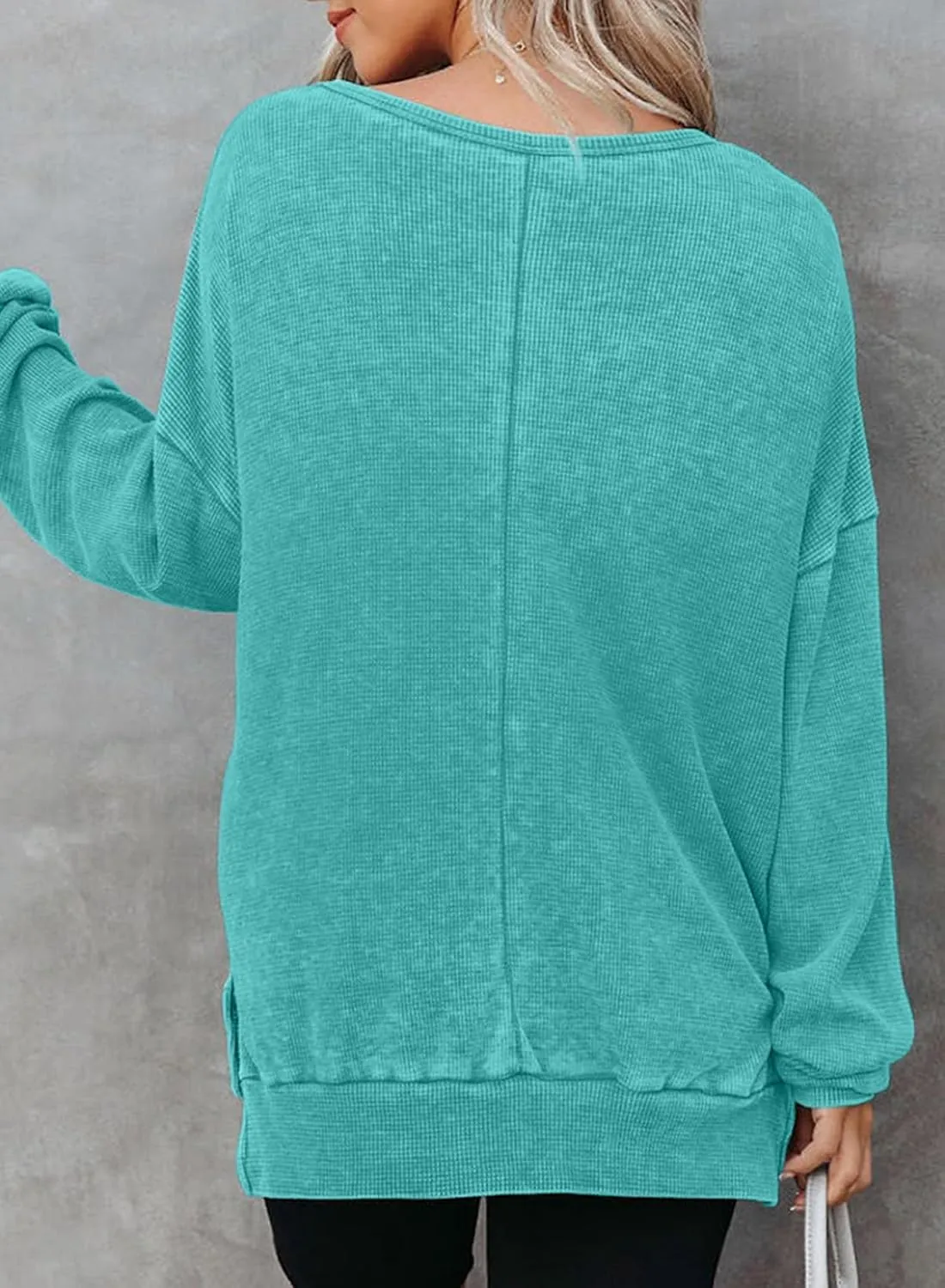 Dokotoo Womens Oversized Waffle Knit Crewneck Sweatshirts Long Sleeve Side Slits Casual Pullover Sweatshirt Tops