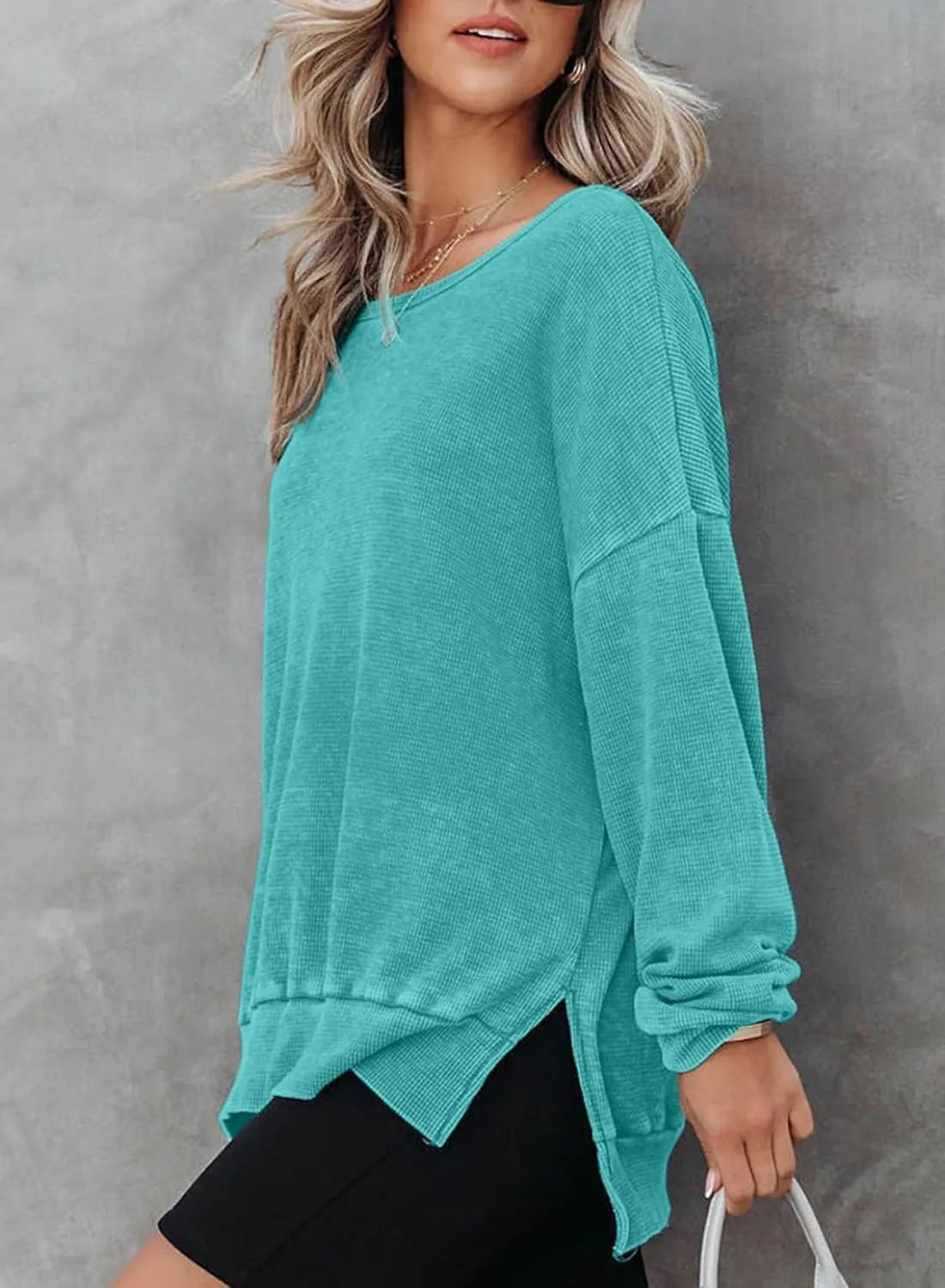 Dokotoo Womens Oversized Waffle Knit Crewneck Sweatshirts Long Sleeve Side Slits Casual Pullover Sweatshirt Tops