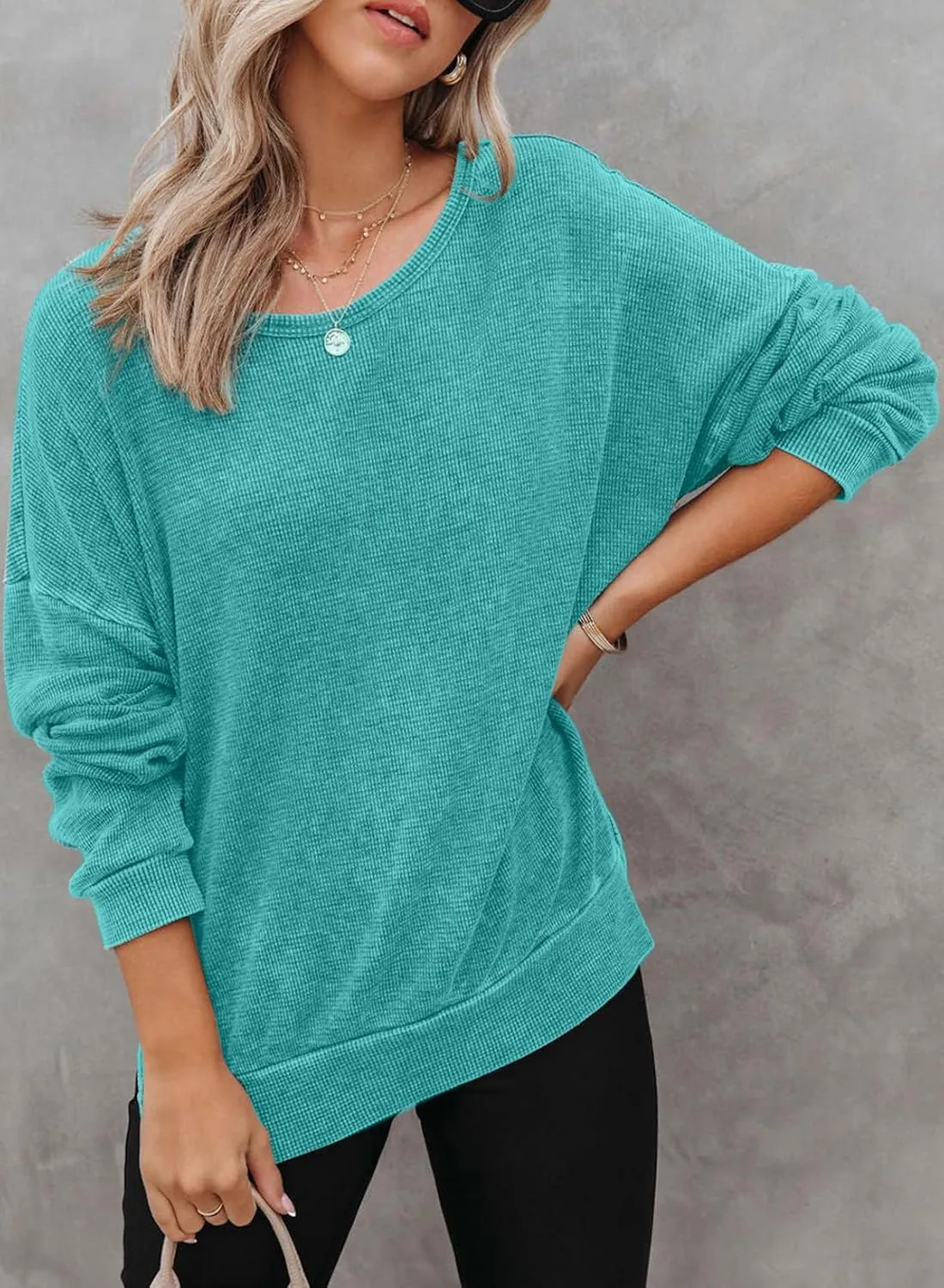 Dokotoo Womens Oversized Waffle Knit Crewneck Sweatshirts Long Sleeve Side Slits Casual Pullover Sweatshirt Tops