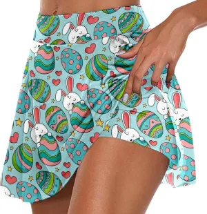 Easter Tennis Skirt for Women High Waisted Flowy Athletic Running Shorts Bunny Rabbit Egg Graphic Yoga Skort