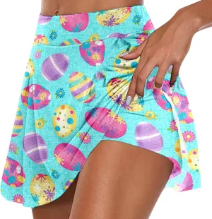 Easter Tennis Skirt for Women High Waisted Flowy Athletic Running Shorts Bunny Rabbit Egg Graphic Yoga Skort
