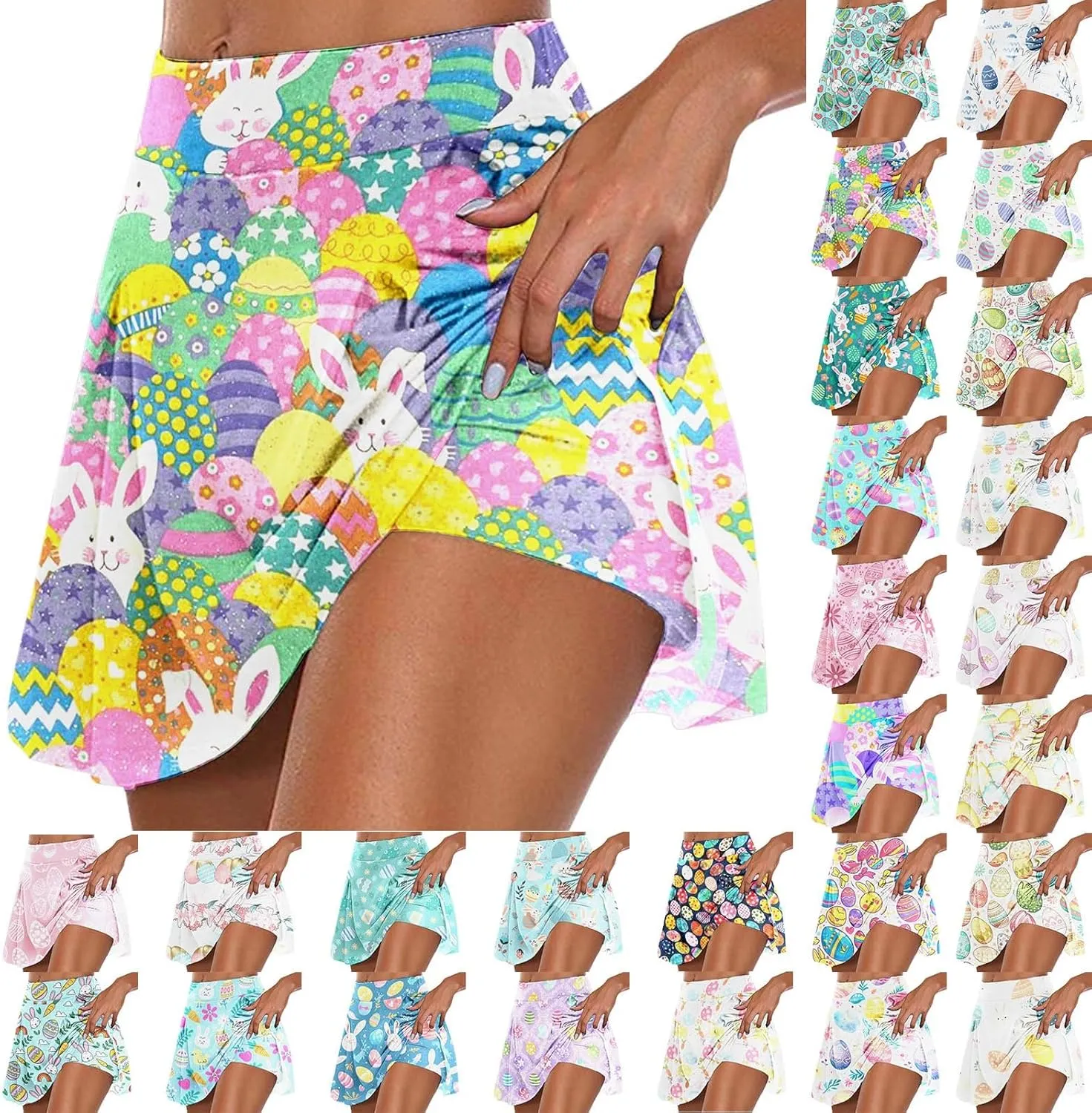 Easter Tennis Skirt for Women High Waisted Flowy Athletic Running Shorts Bunny Rabbit Egg Graphic Yoga Skort
