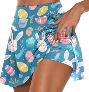 Easter Tennis Skirt for Women High Waisted Flowy Athletic Running Shorts Bunny Rabbit Egg Graphic Yoga Skort