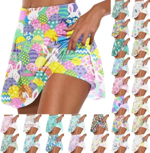Easter Tennis Skirt for Women High Waisted Flowy Athletic Running Shorts Bunny Rabbit Egg Graphic Yoga Skort