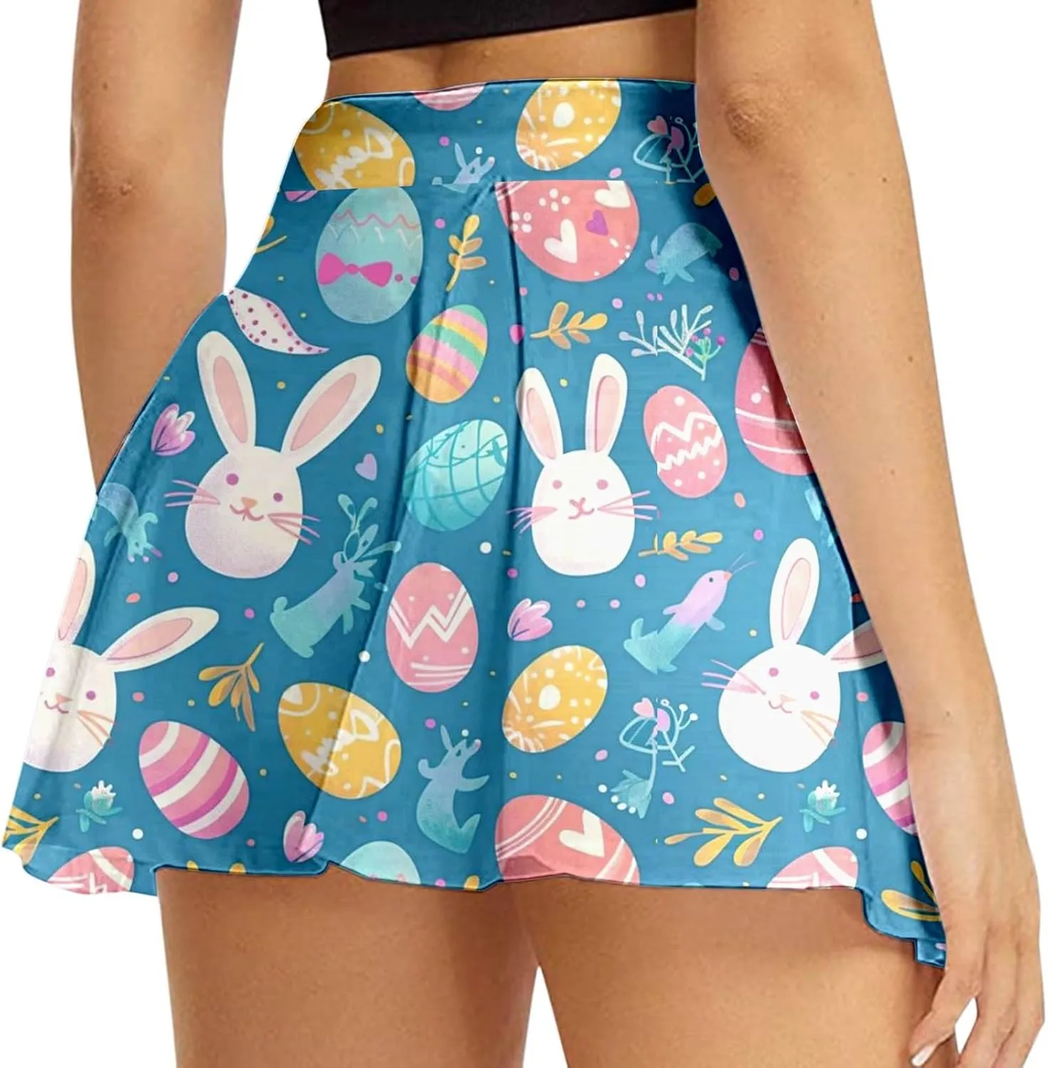 Easter Tennis Skirt for Women High Waisted Flowy Athletic Running Shorts Bunny Rabbit Egg Graphic Yoga Skort
